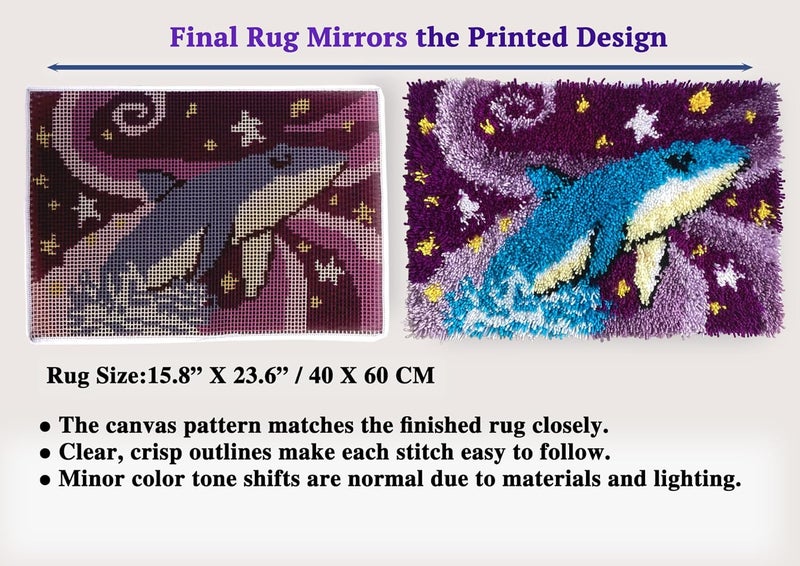 KitsMaster Galaxy Whale Latch Hook Kit for Adults | Starry Sky Craft Project with Pre-Printed Canvas, Yarn & Tool - Purple & Blue Ocean Fantasy Rug Making Kit 23.6''x15.8'' (Whale's Dream) - Image 4